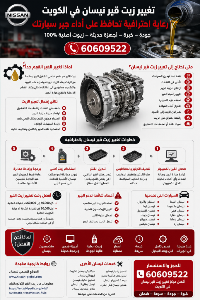 تغيير زيت قير نيسان في الكويت مع فحص وبرمجة الجير باستخدام زيوت أصلية لجميع سيارات نيسان